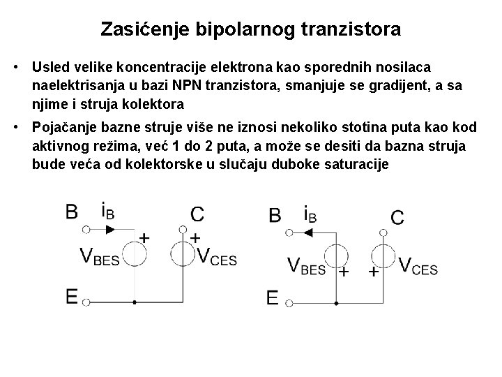 Zasićenje bipolarnog tranzistora • Usled velike koncentracije elektrona kao sporednih nosilaca naelektrisanja u bazi