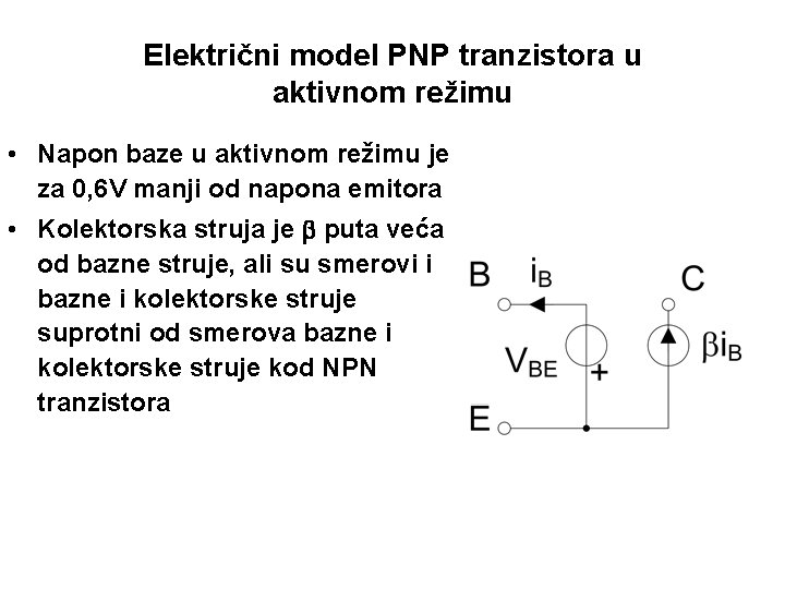 Električni model PNP tranzistora u aktivnom režimu • Napon baze u aktivnom režimu je