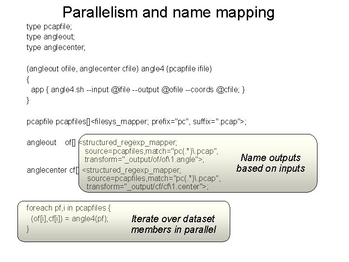 Parallelism and name mapping type pcapfile; type angleout; type anglecenter; (angleout ofile, anglecenter cfile)