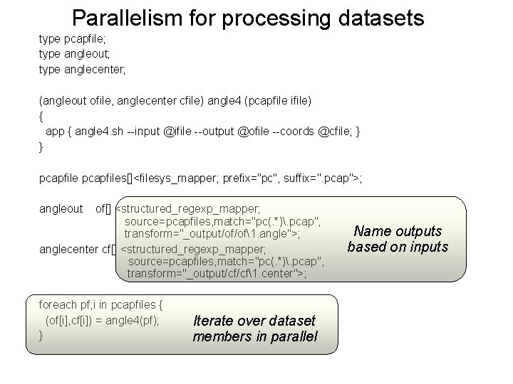 Parallelism for processing datasets type pcapfile; type angleout; type anglecenter; (angleout ofile, anglecenter cfile)