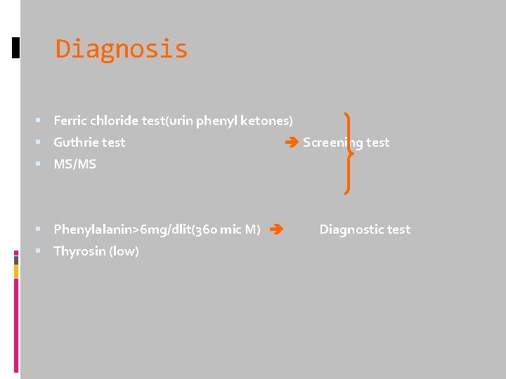 Diagnosis Ferric chloride test(urin phenyl ketones) Guthrie test Screening test MS/MS Phenylalanin>6 mg/dlit(360 mic