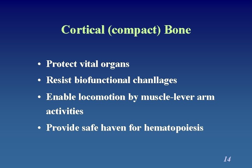 Cortical (compact) Bone • Protect vital organs • Resist biofunctional chanllages • Enable locomotion Cortical (compact) Bone • Protect vital organs • Resist biofunctional chanllages • Enable locomotion