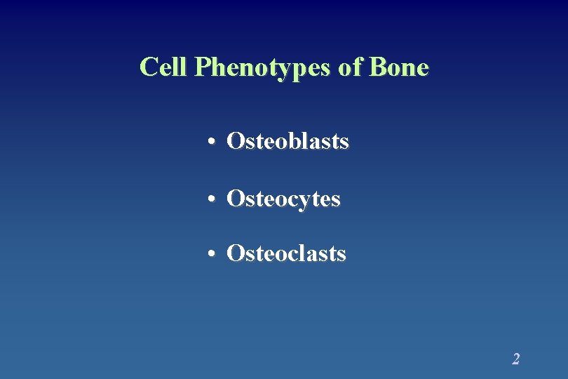 Cell Phenotypes of Bone • Osteoblasts • Osteocytes • Osteoclasts 2 Cell Phenotypes of Bone • Osteoblasts • Osteocytes • Osteoclasts 2