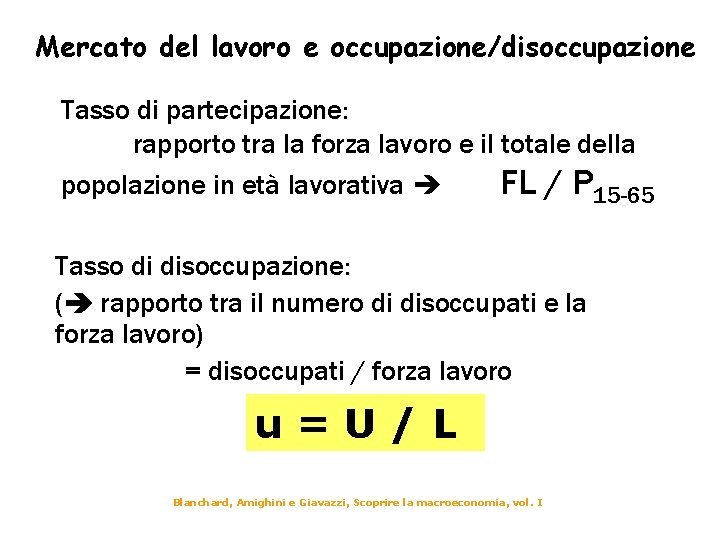 Mercato del lavoro e occupazione/disoccupazione Tasso di partecipazione: rapporto tra la forza lavoro e