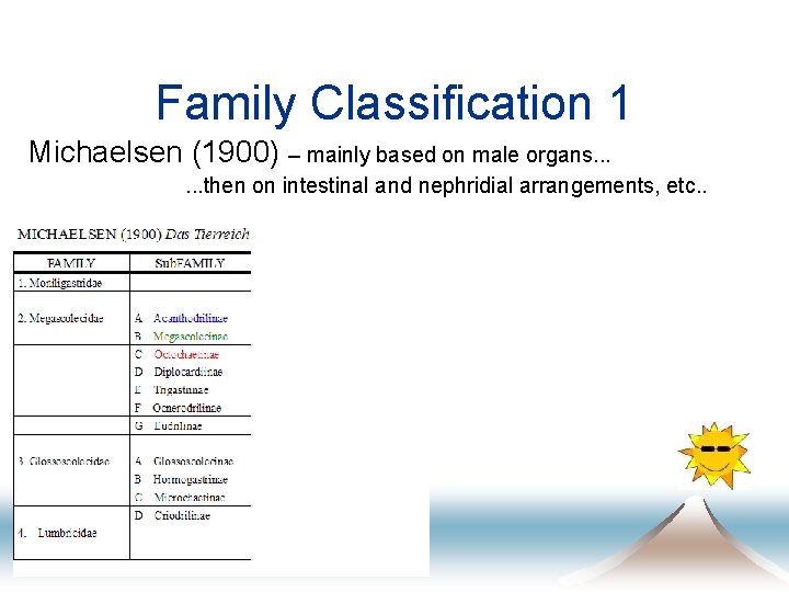 Family Classification 1 Michaelsen (1900) – mainly based on male organs. . . then