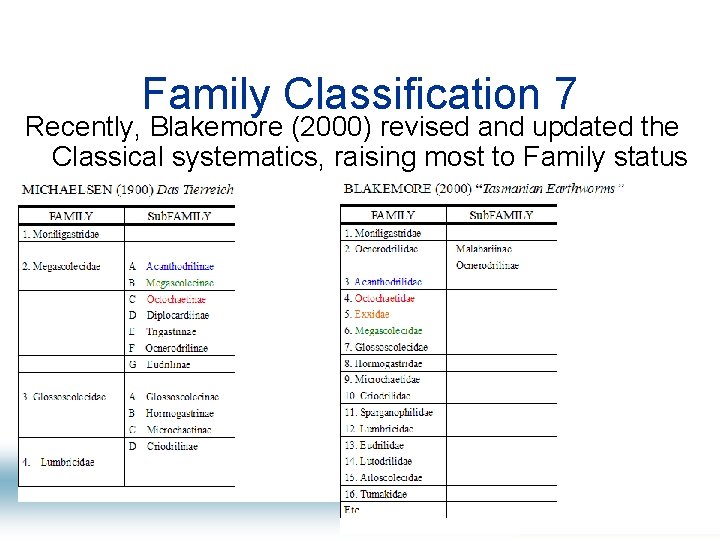 Family Classification 7 Recently, Blakemore (2000) revised and updated the Classical systematics, raising most