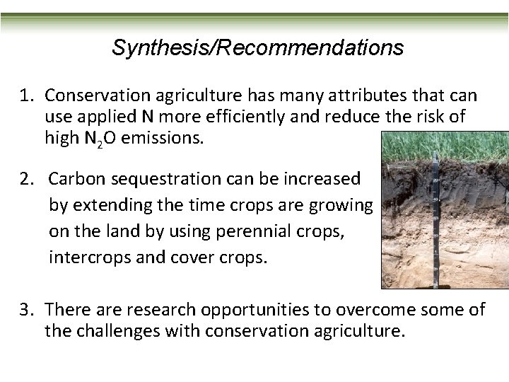 Synthesis/Recommendations 1. Conservation agriculture has many attributes that can use applied N more efficiently