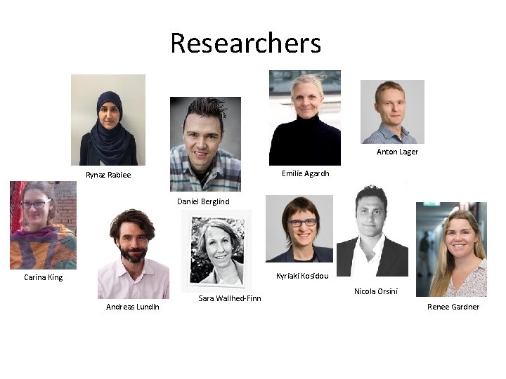 Researchers Anton Lager Emilie Agardh Rynaz Rabiee Daniel Berglind Kyriaki Kosidou Carina King Andreas Researchers Anton Lager Emilie Agardh Rynaz Rabiee Daniel Berglind Kyriaki Kosidou Carina King Andreas