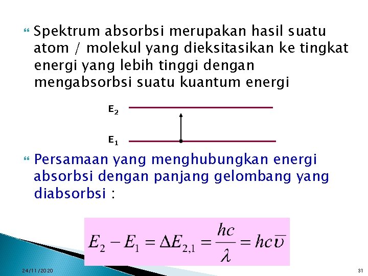  Spektrum absorbsi merupakan hasil suatu atom / molekul yang dieksitasikan ke tingkat energi