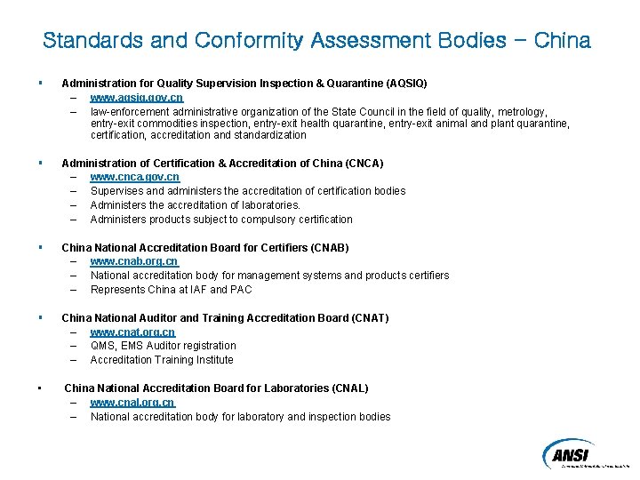 Standards and Conformity Assessment Bodies - China § Administration for Quality Supervision Inspection &