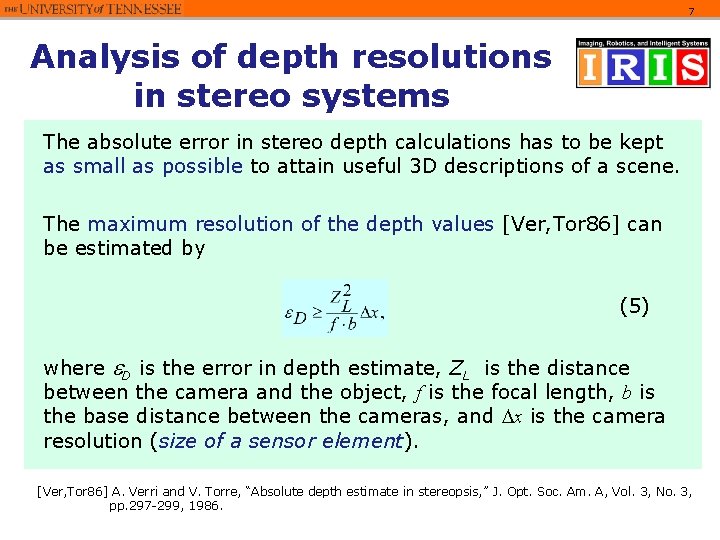 7 Analysis of depth resolutions in stereo systems The absolute error in stereo depth