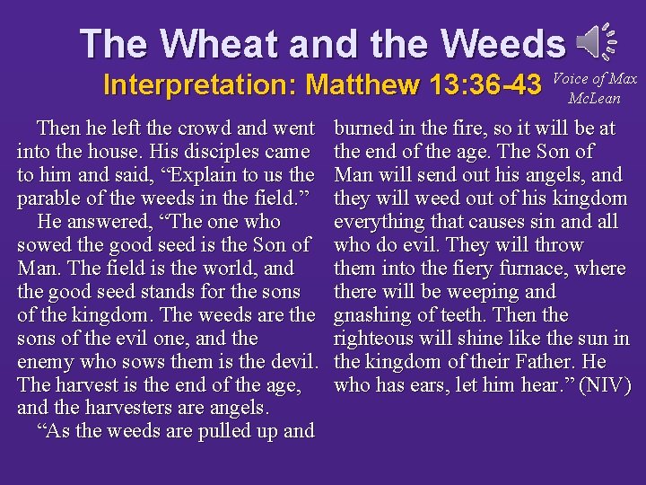 The Wheat and the Weeds of Max Interpretation: Matthew 13: 36 -43 Voice Mc.
