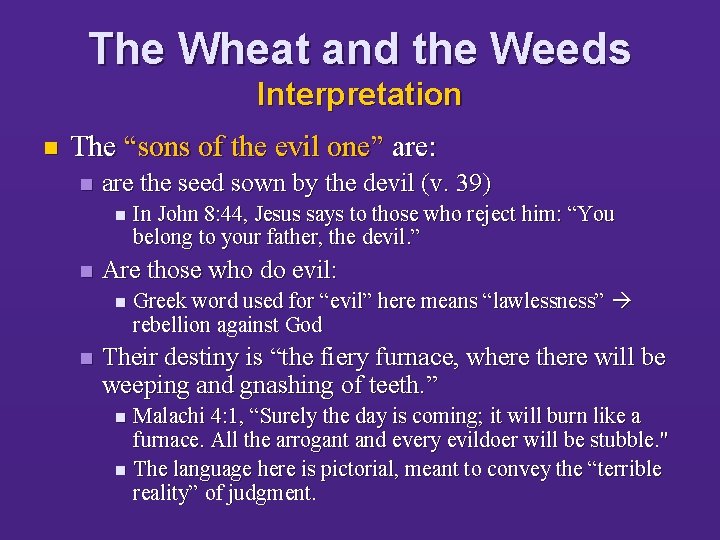 The Wheat and the Weeds Interpretation n The “sons of the evil one” are: