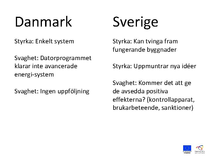 Danmark Sverige Styrka: Enkelt system Styrka: Kan tvinga fram fungerande byggnader Svaghet: Datorprogrammet klarar