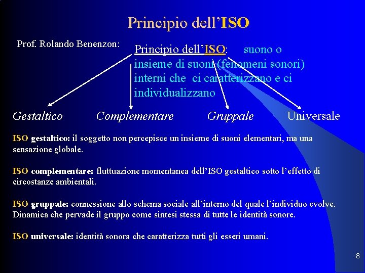 Principio dell’ISO Prof. Rolando Benenzon: Gestaltico Principio dell’ISO: suono o insieme di suoni (fenomeni