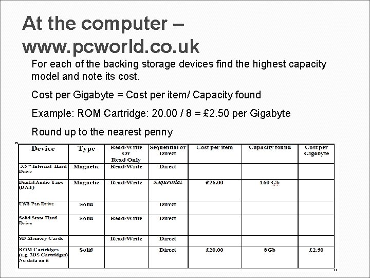 At the computer – www. pcworld. co. uk For each of the backing storage At the computer – www. pcworld. co. uk For each of the backing storage