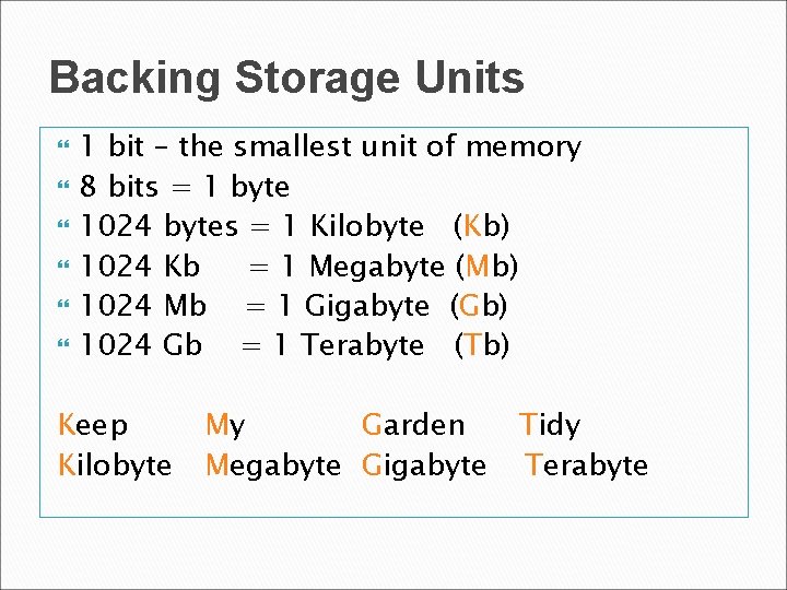 Backing Storage Units 1 bit – the smallest unit of memory 8 bits = Backing Storage Units 1 bit – the smallest unit of memory 8 bits =