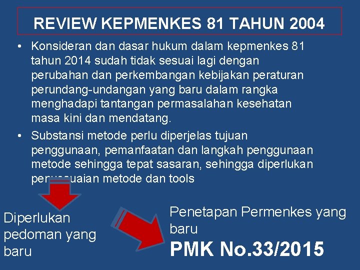 REVIEW KEPMENKES 81 TAHUN 2004 • Konsideran dasar hukum dalam kepmenkes 81 tahun 2014