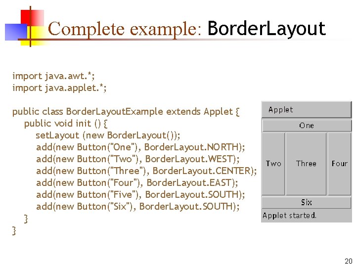 Complete example: Border. Layout import java. awt. *; import java. applet. *; public class