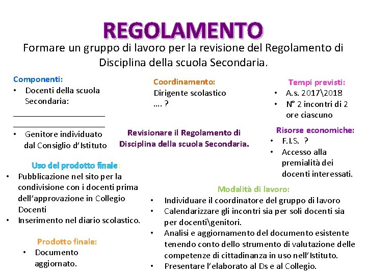 REGOLAMENTO Formare un gruppo di lavoro per la revisione del Regolamento di Disciplina della