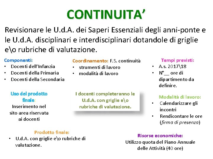 CONTINUITA’ Revisionare le U. d. A. dei Saperi Essenziali degli anni-ponte e le U.