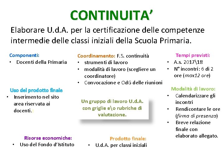CONTINUITA’ Elaborare U. d. A. per la certificazione delle competenze intermedie delle classi iniziali
