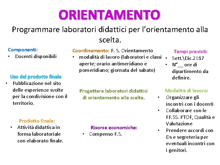 ORIENTAMENTO Programmare laboratori didattici per l’orientamento alla scelta. Componenti: • Docenti disponibili Uso del