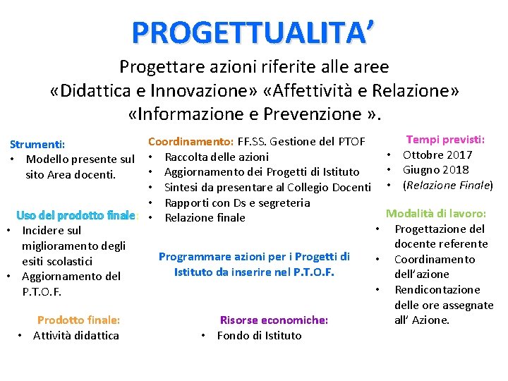 PROGETTUALITA’ Progettare azioni riferite alle aree «Didattica e Innovazione» «Affettività e Relazione» «Informazione e