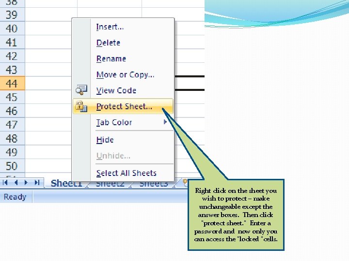 Right click on the sheet you wish to protect – make unchangeable except the