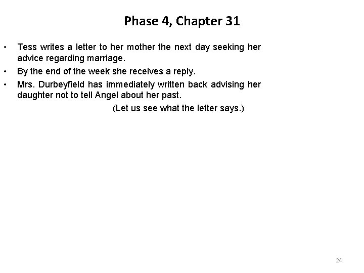 Phase 4, Chapter 31 • • • Tess writes a letter to her mother Phase 4, Chapter 31 • • • Tess writes a letter to her mother