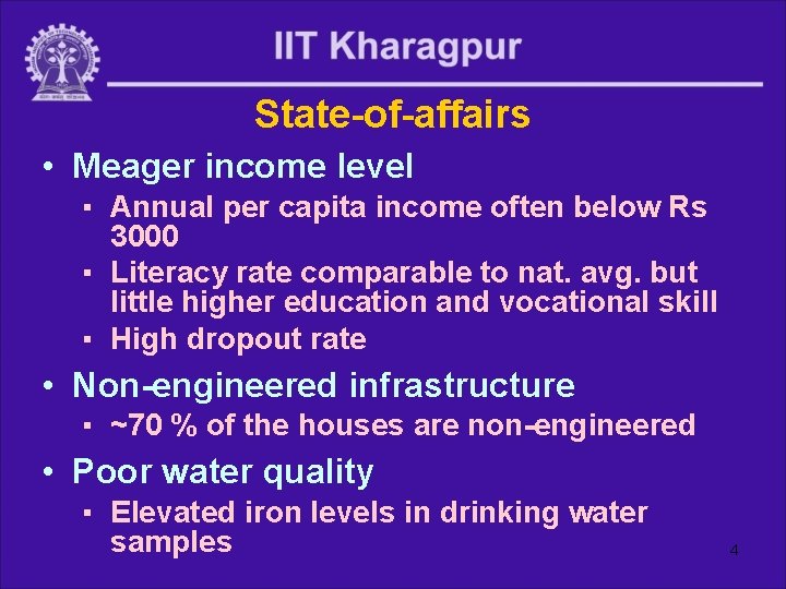 State-of-affairs • Meager income level ▪ Annual per capita income often below Rs 3000