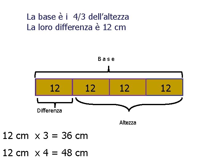 La base è i 4/3 dell’altezza La loro differenza è 12 cm Base 12