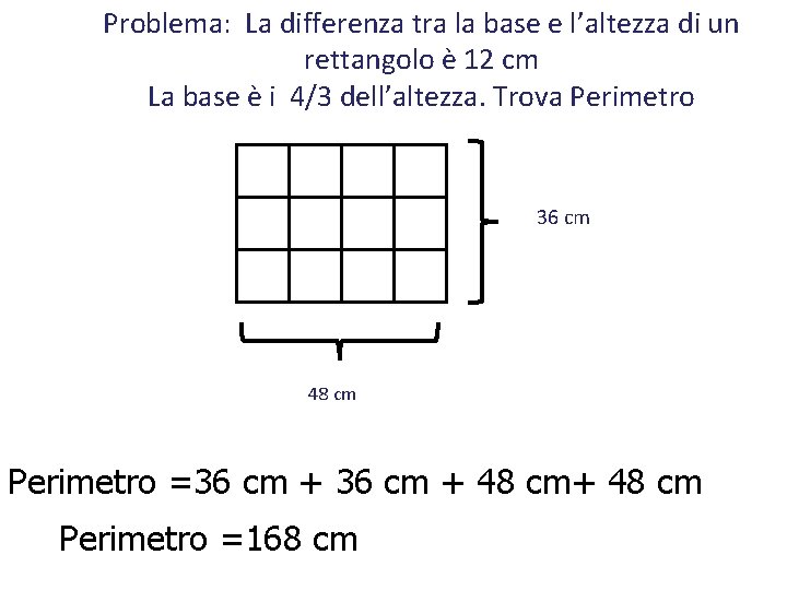 Problema: La differenza tra la base e l’altezza di un rettangolo è 12 cm