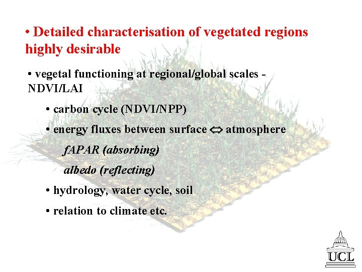  • Detailed characterisation of vegetated regions highly desirable • vegetal functioning at regional/global