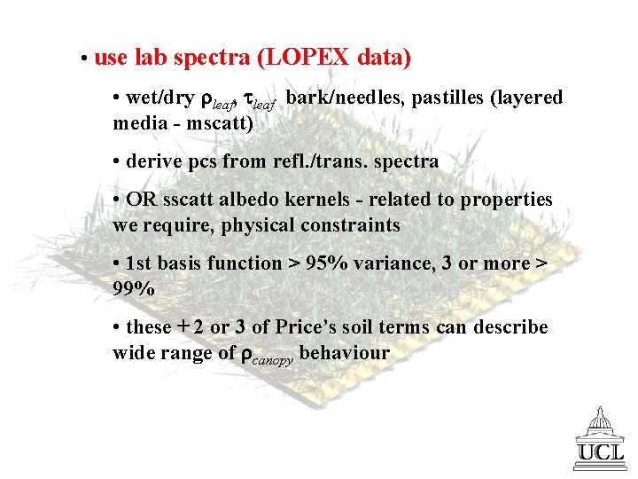  • use lab spectra (LOPEX data) • wet/dry leaf, leaf bark/needles, pastilles (layered