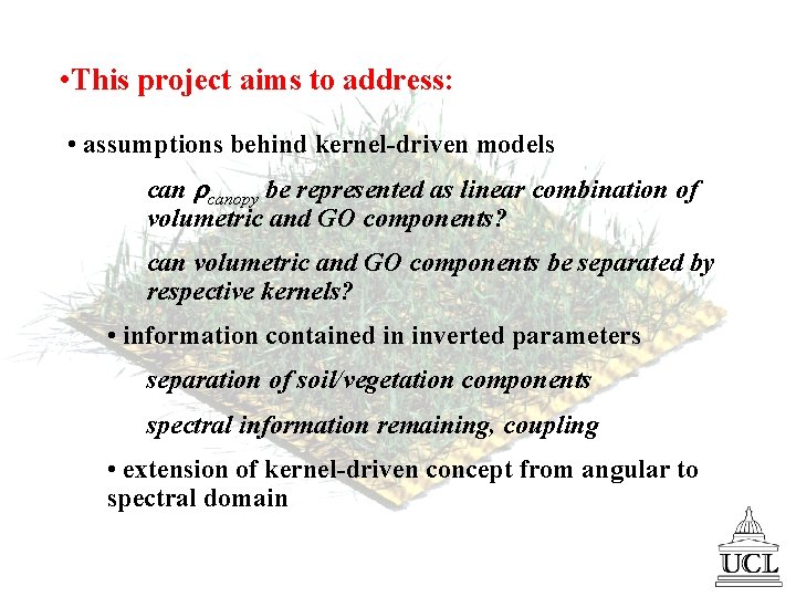  • This project aims to address: • assumptions behind kernel-driven models canopy be