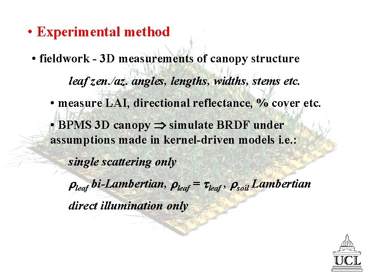  • Experimental method • fieldwork - 3 D measurements of canopy structure leaf