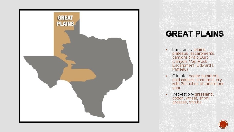  • Landforms- plains, plateaus, escarpments, canyons (Palo Duro Canyon, Cap Rock Escarpment, Edward’s