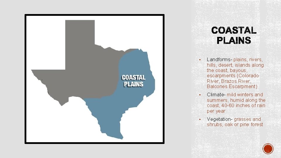  • Landforms- plains, rivers, hills, desert, islands along the coast, bayous, escarpments (Colorado