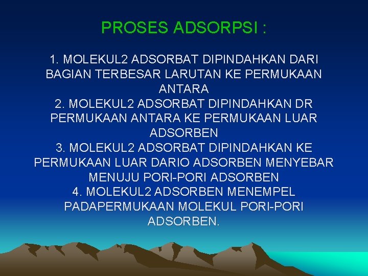 PROSES ADSORPSI : 1. MOLEKUL 2 ADSORBAT DIPINDAHKAN DARI BAGIAN TERBESAR LARUTAN KE PERMUKAAN