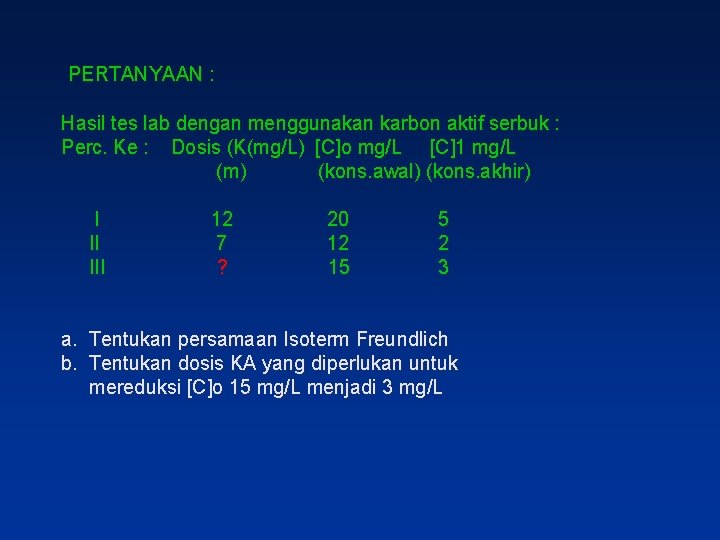 PERTANYAAN : Hasil tes lab dengan menggunakan karbon aktif serbuk : Perc. Ke :