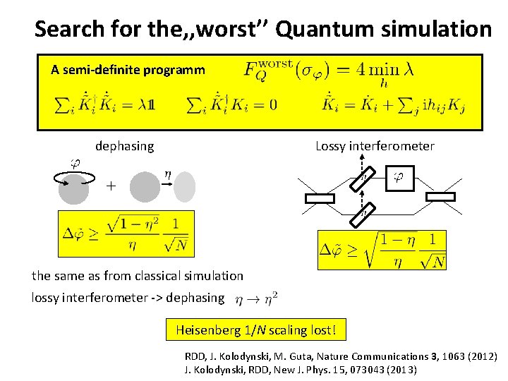 Search for the, , worst’’ Quantum simulation A semi-definite programm Lossy interferometer dephasing the