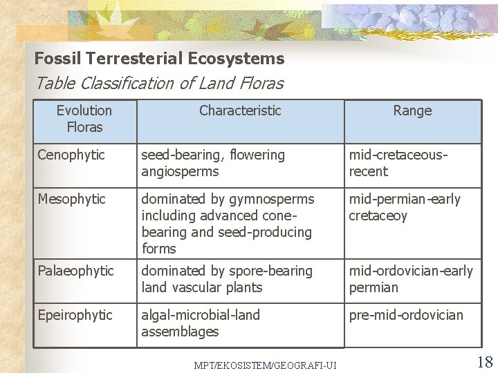 Fossil Terresterial Ecosystems Table Classification of Land Floras Evolution Floras Characteristic Range Cenophytic seed-bearing,