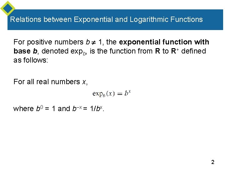 Relations between Exponential and Logarithmic Functions For positive numbers b 1, the exponential function