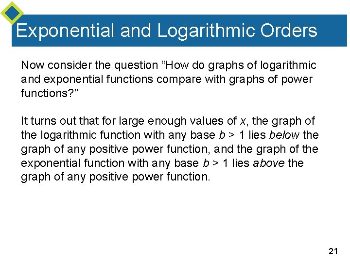 Exponential and Logarithmic Orders Now consider the question “How do graphs of logarithmic and