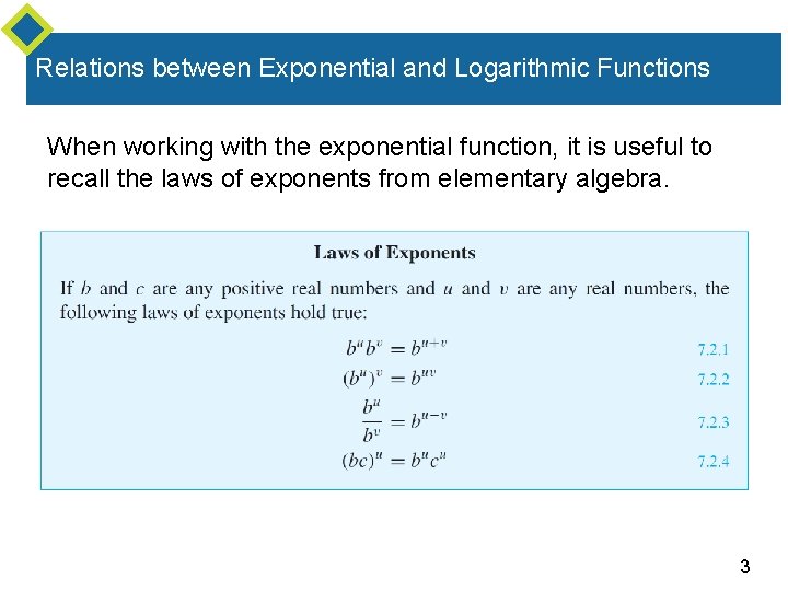 Relations between Exponential and Logarithmic Functions When working with the exponential function, it is