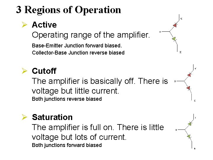 3 Regions of Operation Ø Active Operating range of the amplifier. Base-Emitter Junction forward