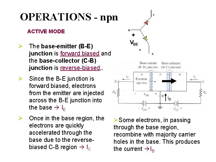 OPERATIONS - npn ACTIVE MODE Ø The base-emitter (B-E) junction is forward biased and