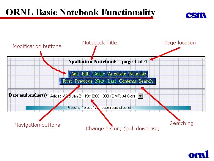 ORNL Basic Notebook Functionality Modification buttons Navigation buttons Notebook Title Change history (pull down