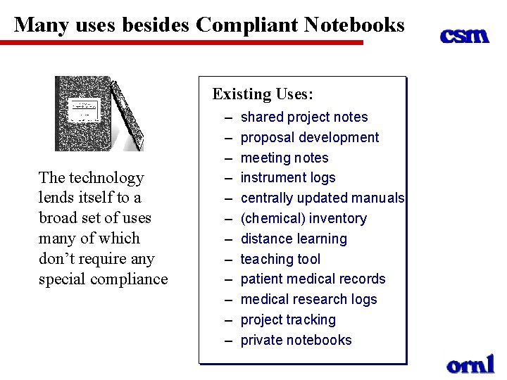 Many uses besides Compliant Notebooks Existing Uses: The technology lends itself to a broad